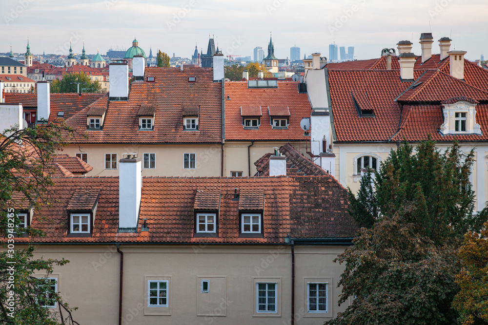 View of the tiled red roofs of the old town  Prague