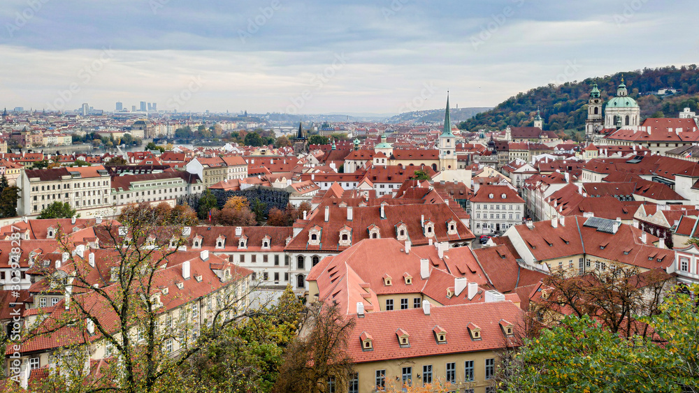 View of the tiled red roofs of the old town  Prague