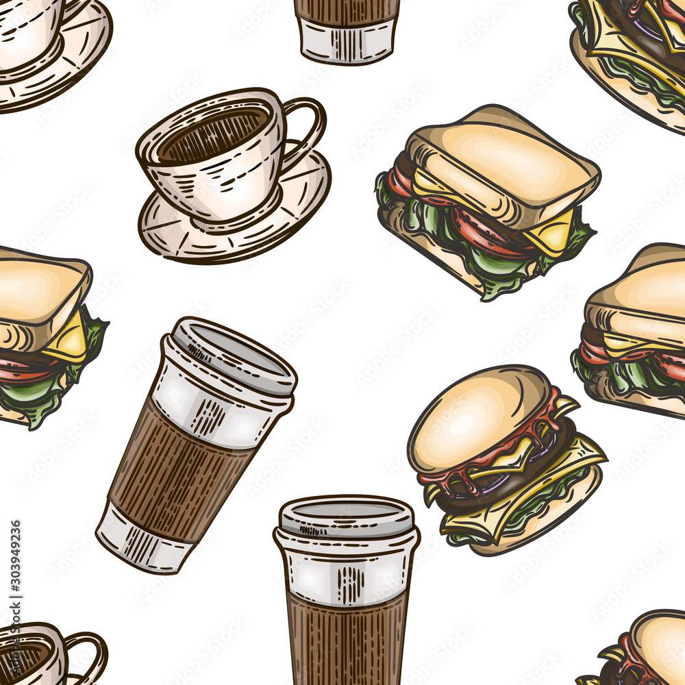 Φωτογραφία Vector hand drawn color seamless pattern of latte and americano in the engraving vintage style on white background