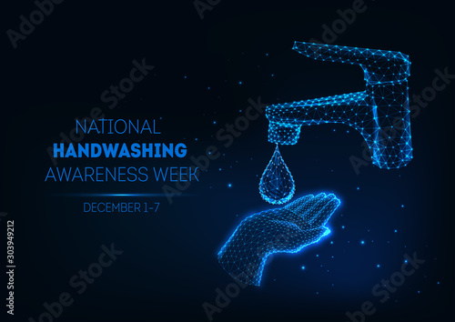 Futuristic handwashing banner with glowing low polygonal human hand, water drop and bathroom faucet.