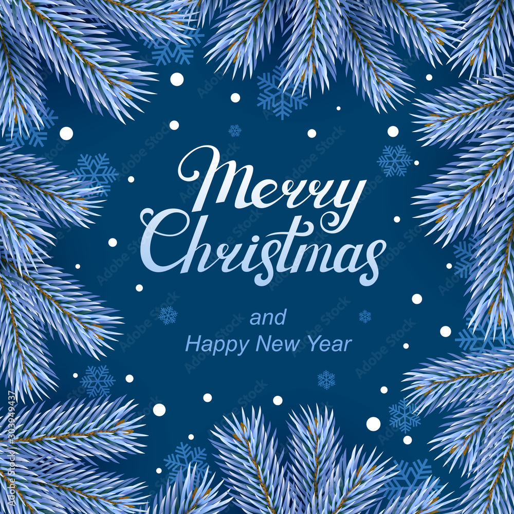 Christmas banner. Snowy Christmas tree branches, on a blue background with flying snowflakes. Vector illustration. Christmas banner. Snowy Christmas tree branches, on a blue background with flying snowflakes. Vector illustration.