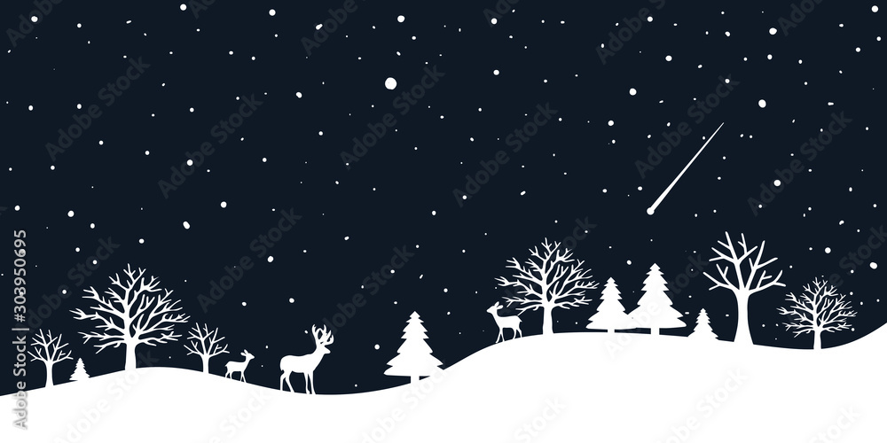 A fairytale winter landscape. Border smooth. Christmas background. There is a fantastic silhouette of white trees and deer with a dark blue background. Vector illustration