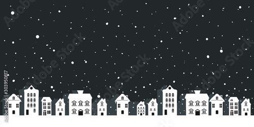 Fairy tale winter landscape. Seamless border. Christmas background. There are white silhouettes of fantastic houses on a black background. Vector illustration