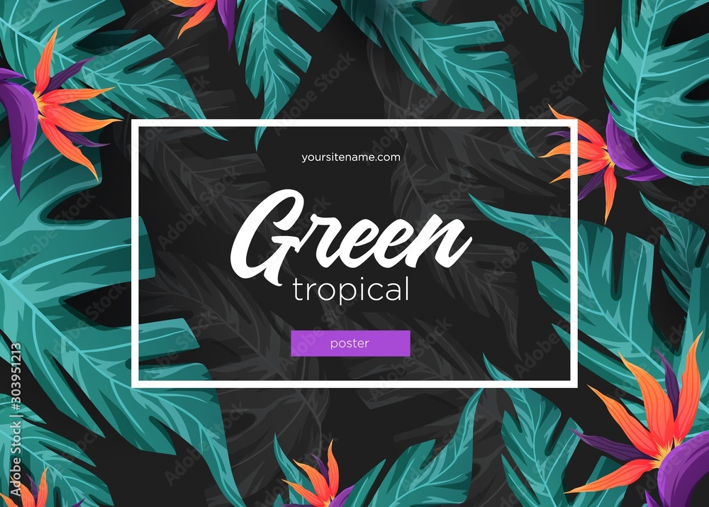 Fototapeta Bright tropical background with jungle plants. Exotic pattern with tropical leaves