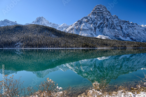 Scenic view of the Waterfowl lakes with the surrounding mountains on the Icefields Parkway in Banff National Park