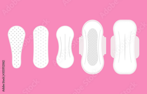 Colored flat icon, vector design with shadow. Set of different sanitary napkins. Illustration for feminine hygiene, medicine, menstruation. Symbol of absorbent pad for woman.