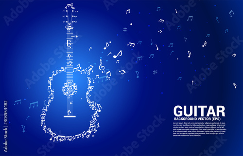 Vector music melody note dancing flow shape guitar icon . Concept background for song and guitar concert theme.