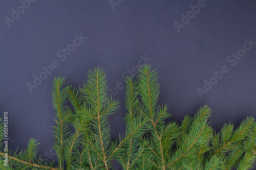 Christmas or New Year background with fir branches. Christmas natural coniferous border with copy space. Happy New Year card.