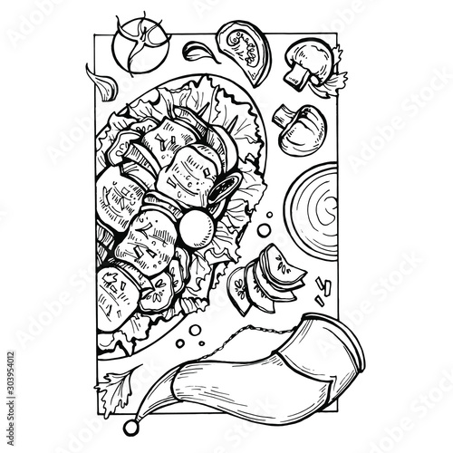 Sketch Georgian food. Pork, lamb skewers with vegetables and wine .Hand drawn skewers with pieces shashlik. Barbecue.