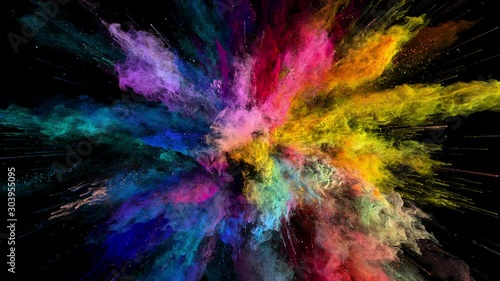 Cg animation of color powder explosion on black background. Cg, slow motion, alpha matte, 4k photo