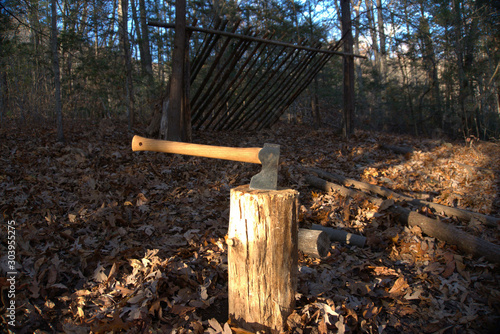 Primitive Lean to Survival Shelter in the forest.  Makeshift campsite in the wilderness. Essential bushcraft skill  Hatchet axe in front of shelter