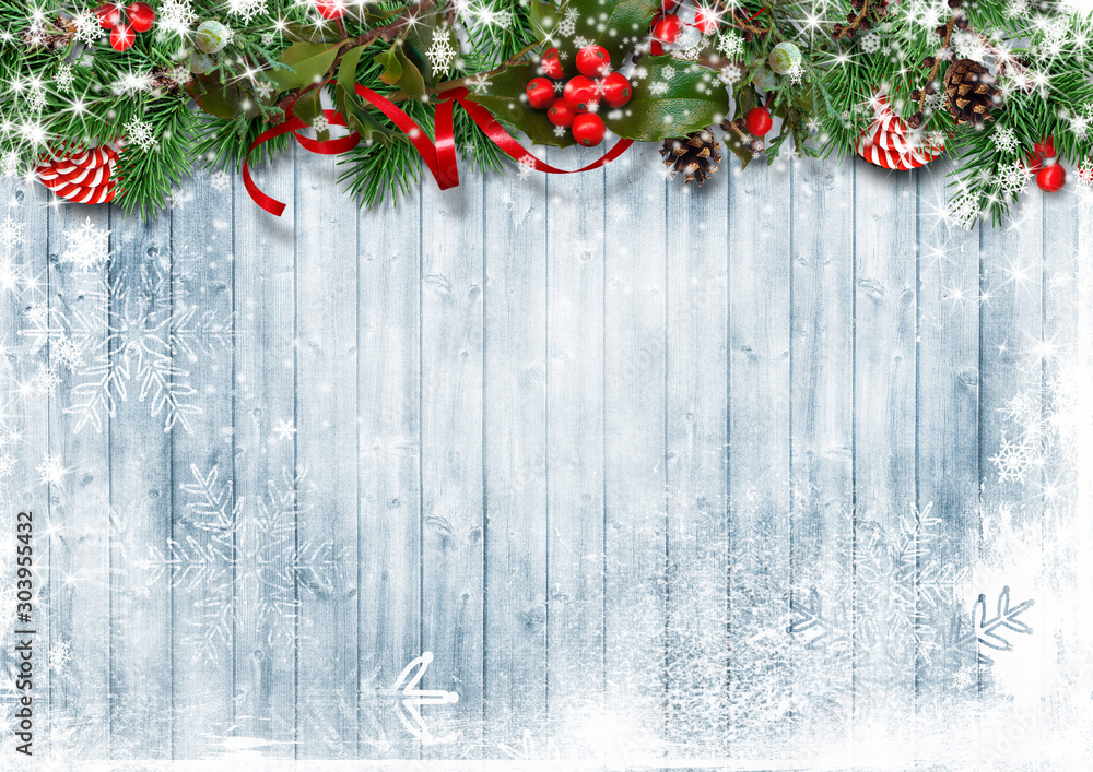 Ταπετσαρία Christmas snow background with garland with candies, holly and branches