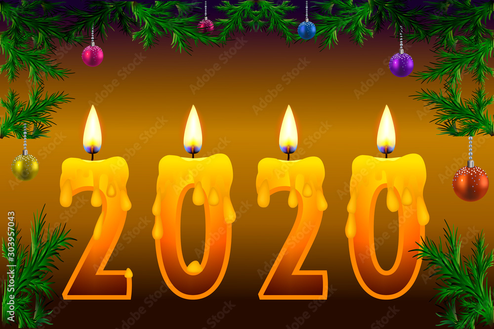 БезымянBurning candles on black background, number 2020, new year concept. Happy new year greetings poster. Symbolic festive glowing candles over copy space. Border with Christmas tree branches.ный-2 БезымянBurning candles on black background, number 2020, new year concept. Happy new year greetings poster. Symbolic festive glowing candles over copy space. Border with Christmas tree branches.ный-2