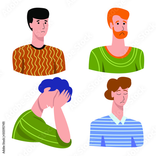 Vector illustration with set negative emotions in men sadness, longing, suffering, shame, disappointment, guilt and more. Concept prohibition to the manifestation of emotions in men.