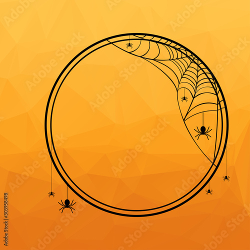 Halloween round frame with spider web silhouette on orange polygonal background. Vector illustration photo