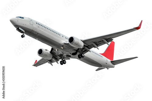 Plane with two turbofan engines, landing gear and red winglets, isolated on white