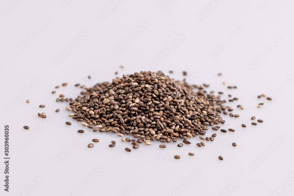 Chia seeds isolated on white background, angle view, copy space, studio shot, soft light. Latin name (Salvia hispanica). Chia seeds isolated on white background, angle view, copy space, studio shot, soft light. Latin name (Salvia hispanica).