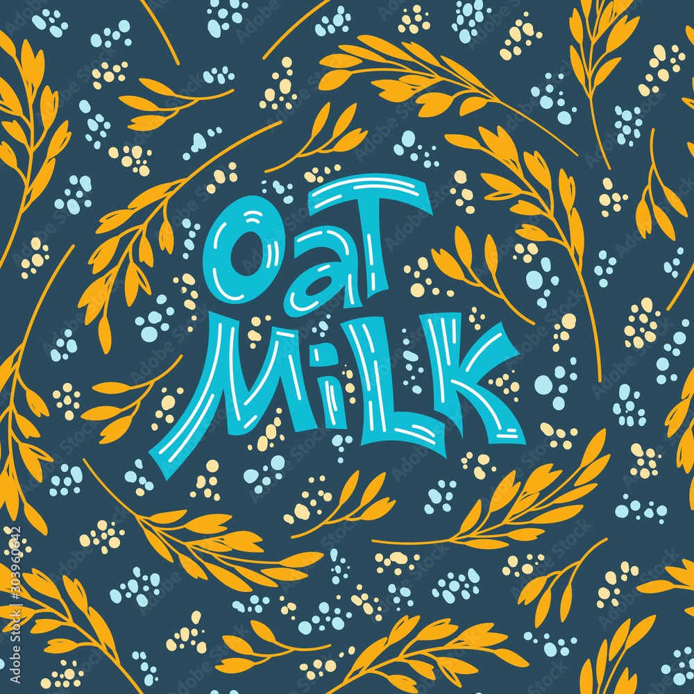Seamlees pattern background. Oat milk hand drawn lettering. Spikes and grains of oats, glass with oat milk, carton box and glass jar of milk. Doodle style, vector illustration. Seamlees pattern background. Oat milk hand drawn lettering. Spikes and grains of oats, glass with oat milk, carton box and glass jar of milk. Doodle style, vector illustration.