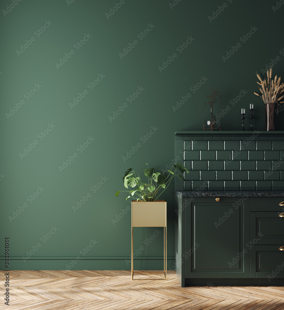 Modern dark deep green kitchen interior, wall mock up, 3d render - obrazy, fototapety, plakaty 