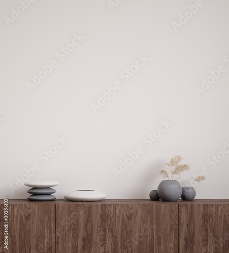 Wall mock up closeup with stones and grass in vase on cupboard, 3d render