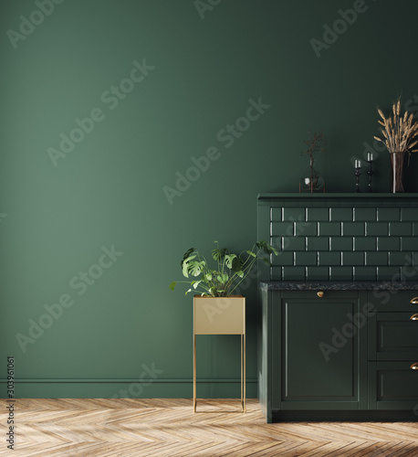 Modern dark deep green kitchen interior, wall mock up, 3d render