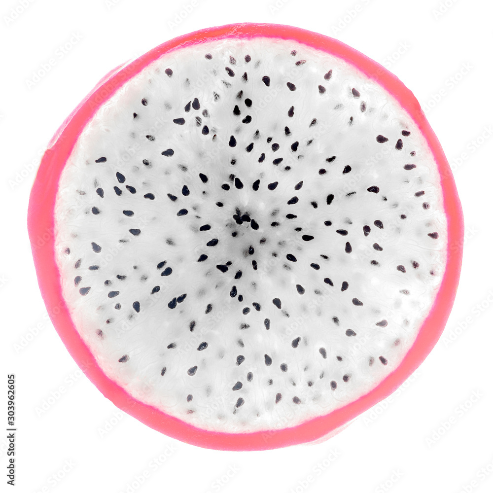 Pitaya, dragon fruit or pitahaya round slice with more seeds in the center, isolated on white Pitaya, dragon fruit or pitahaya round slice with more seeds in the center, isolated on white