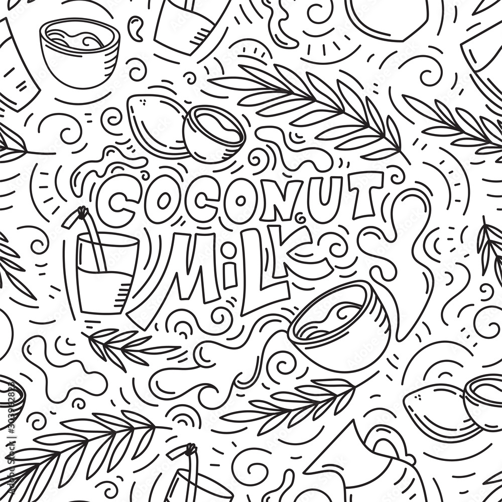 Seamless pattern background. Coconut milk hand drawn lettering. Glass with milk, coconut, leaves and glass jar of milk. Doodle style, black and white vector illustration.