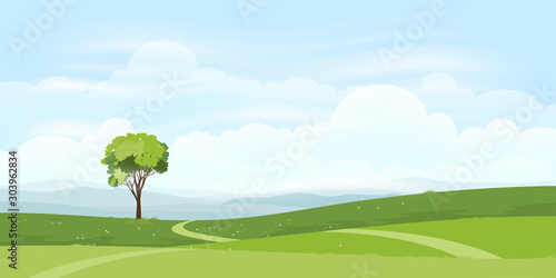Cartoon Nature landscape background of green hills with skyline  Panorama lanscape of Fresh green field and wavvy of mountains with blue sky and fulffy clouds.Vector illustration