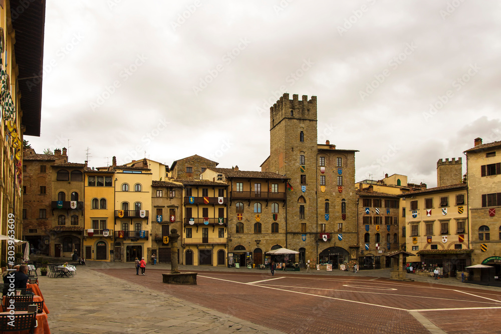 Beautiful buildings around the Piazza Grande in Arezzo, Tuscany, Italy