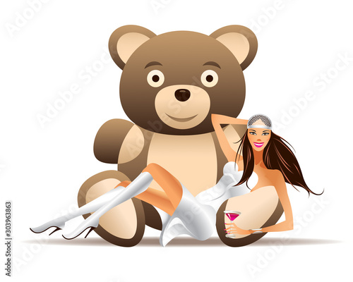Pretty girl has fun with teddy bear - vector illustration