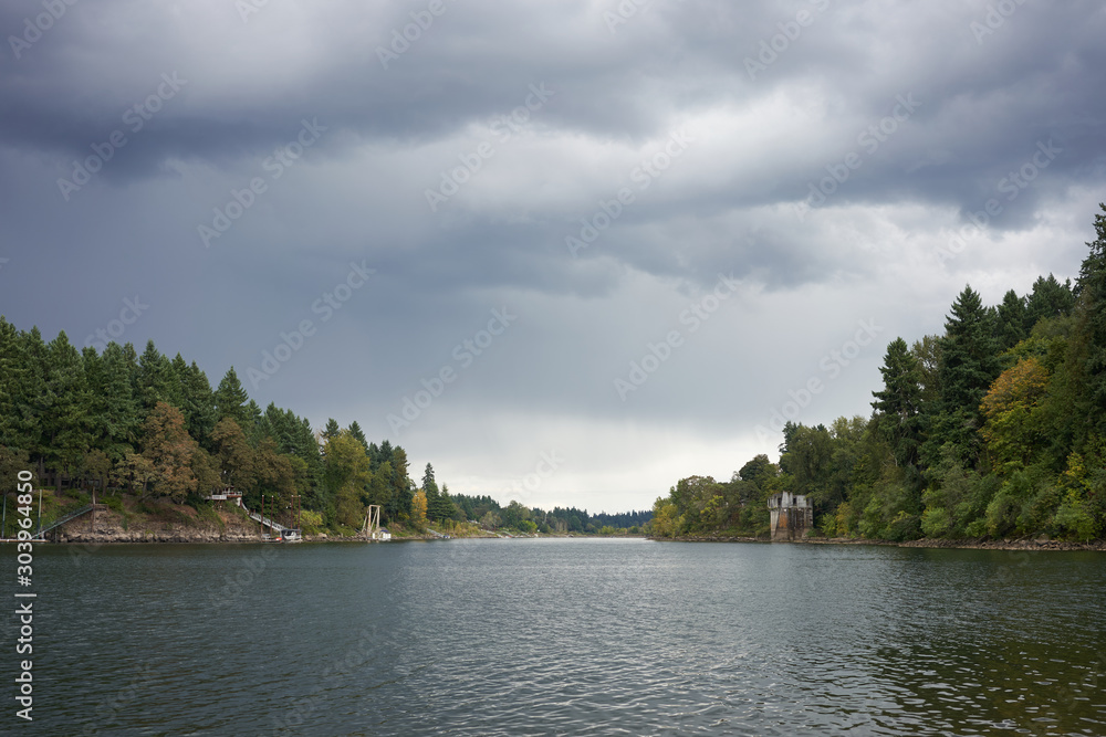Rain clouds over Willamette River seen from George Rogers Park in Lake Oswego, Oregon.