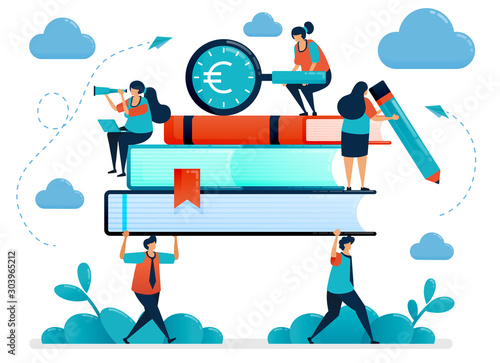 Metaphors of burden of education costs. Students carry heavy books. Looking for education funding. Free school scholarship  program. Vector illustration, graphic design, card, banner, brochure, flyer