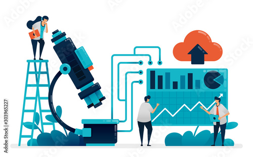 Doctors and scientists research with microscope. Analyze statistics laboratory result in hospital and clinic. Learn chemistry, physics, biology. Illustration for business card, banner, brochure, flyer