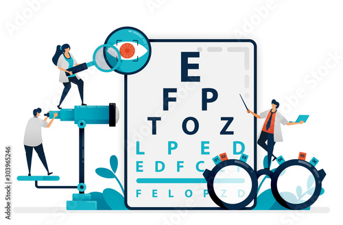 Doctor checks patient eyes health with snellen chart, glasses for eye disease. eye clinic or optical eyewear store. optician professional. Illustration for business card, banner, brochure, flyer, ads