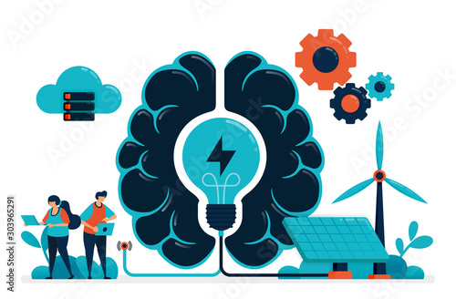 Artificial intelligence for smart green energy. Artificial brain supply energy management. Future energy with solar cell and wind. Idea in artificial technology. Business card, banner, brochure, flyer