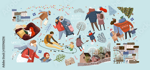 Winter family holidays. Vector isolated illustrations of family and people shopping in the New Year and Christmas, walking in the city and at home in the living room. Drawings of the city and the hous