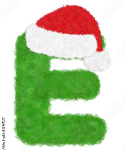3D “Green wool fur feather letter” creative decorative with Red Christmas hat, Character E isolated in white background has clipping path and dicut. Design font for Christmas holiday fashion concept. © Arpon