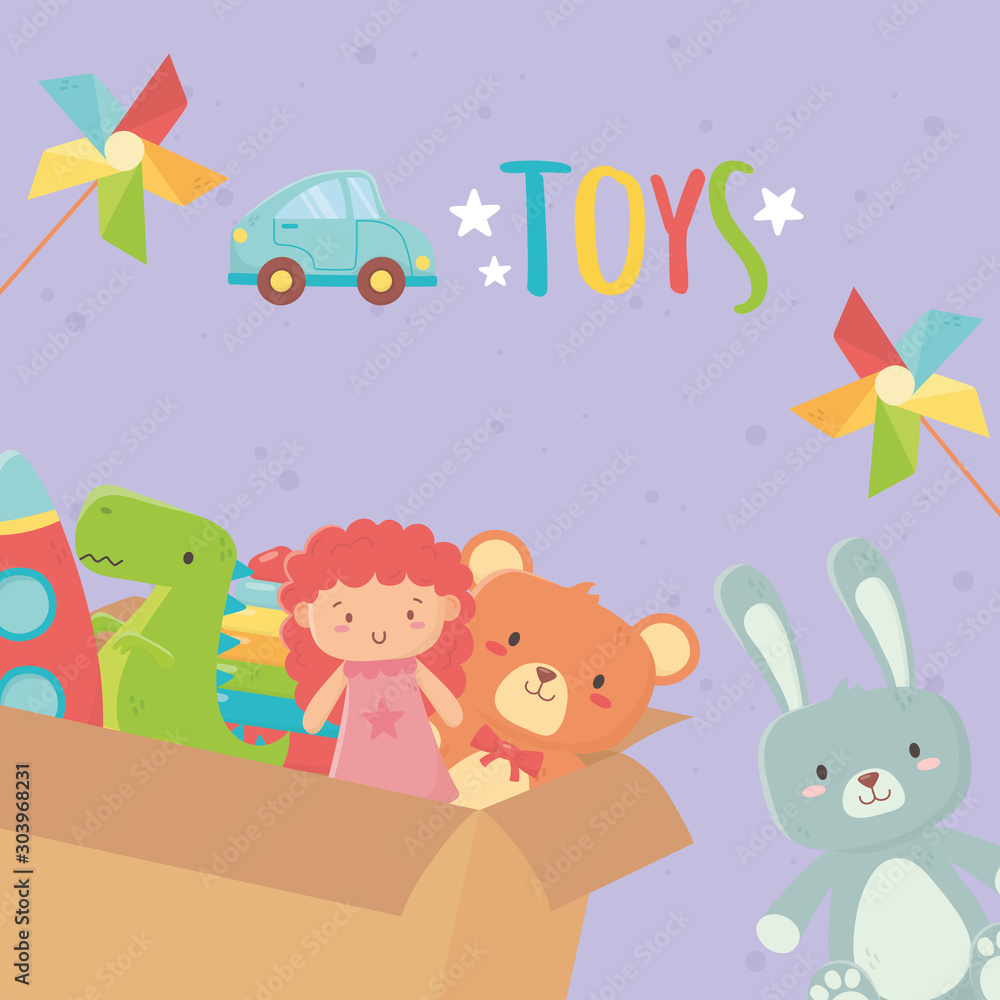 toys cardboard box with doll bear rabbit wind game car lettering