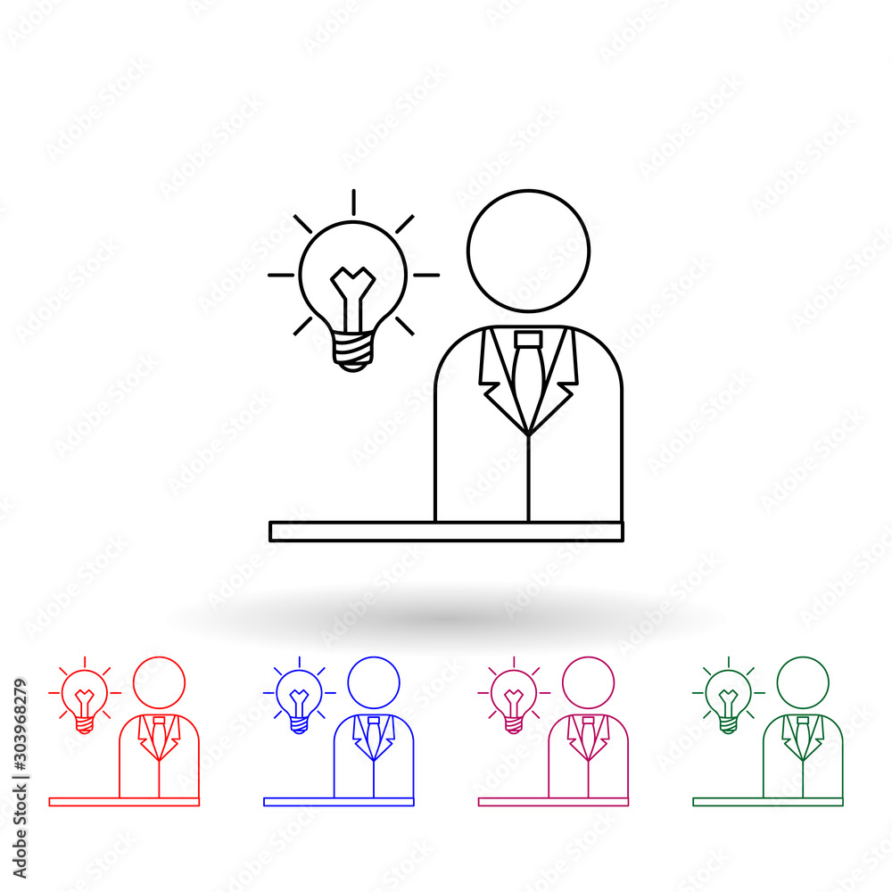 Business man with a light bulb multi color icon. Simple thin line, outline vector of idea icons for ui and ux, website or mobile application Business man with a light bulb multi color icon. Simple thin line, outline vector of idea icons for ui and ux, website or mobile application