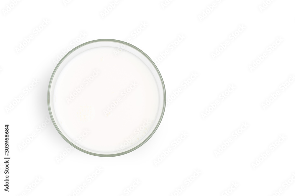 Top view (Flat lay) Pasteurized fresh milk in the glass on white background with clipping path. Top view (Flat lay) Pasteurized fresh milk in the glass on white background with clipping path.