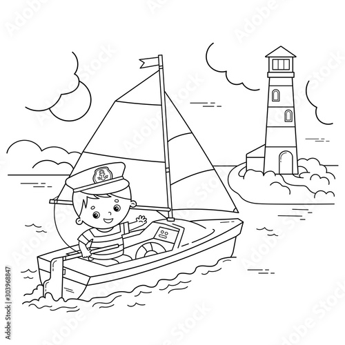 Coloring Page Outline of cartoon sail ship with sailor on the deck. Profession. Coloring book for kids.