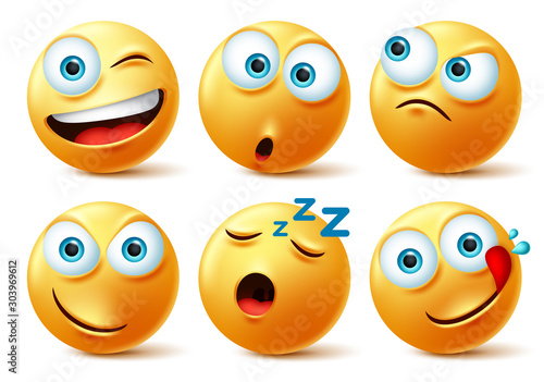 Emoticon faces vector set. Emoticons of yellow face in naughty, sleepy, hungry, surprise and angry in 3d realistic avatar isolated in white background. Vector illustration.
