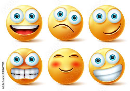Emojis and emoticons face vector set. Emoji cute faces in happy, angry and funny facial expression isolated in white background. Vector illustration.