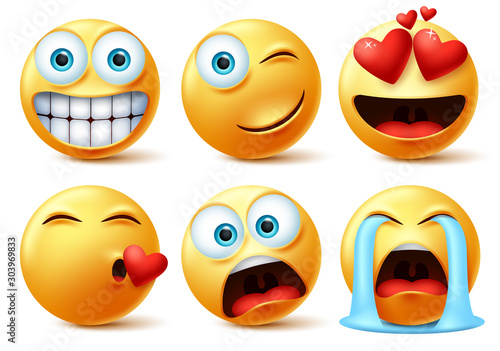 Emojis and emoticons face vector set. Emoticon of cute yellow faces in kissing, in love, crying, surprise, and happy facial expressions isolated in white background. Vector illustration. photo