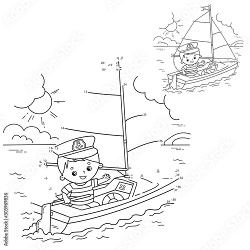 Puzzle Game for kids: numbers game. Cartoon sail ship with sailor on the deck. Coloring book for children.