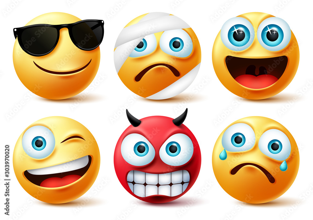 Emoticon or emoji face vector  yellow face icon and emoticons in  devil, injured, surprise, angry and funny facial expressions isolated in  white background. Vector illustration. Stock Vector | Adobe Stock