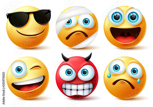 Emoticon or emoji face vector set.Emojis yellow face icon and emoticons in devil, injured, surprise, angry and funny facial expressions isolated in white background. Vector illustration.