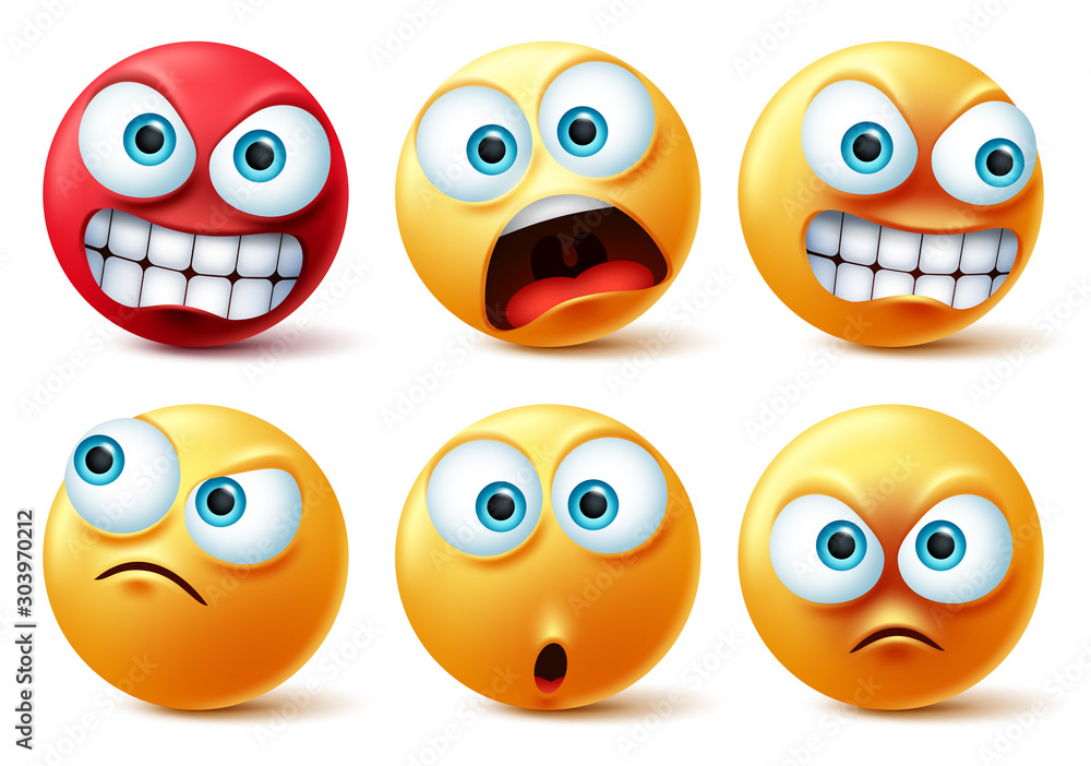 Emoticons face vector set. Emojis yellow icon and emoticon faces with angry red, surprise, cute, crazy and funny facial expressions design elements isolated in white background. Vector illustration. Emoticons face vector set. Emojis yellow icon and emoticon faces with angry red, surprise, cute, crazy and funny facial expressions design elements isolated in white background. Vector illustration.