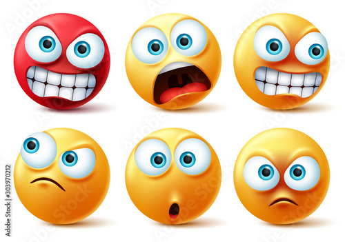 Emoticons face vector set. Emojis yellow icon and emoticon faces with angry red, surprise, cute, crazy and funny facial expressions design elements isolated in white background. Vector illustration. 