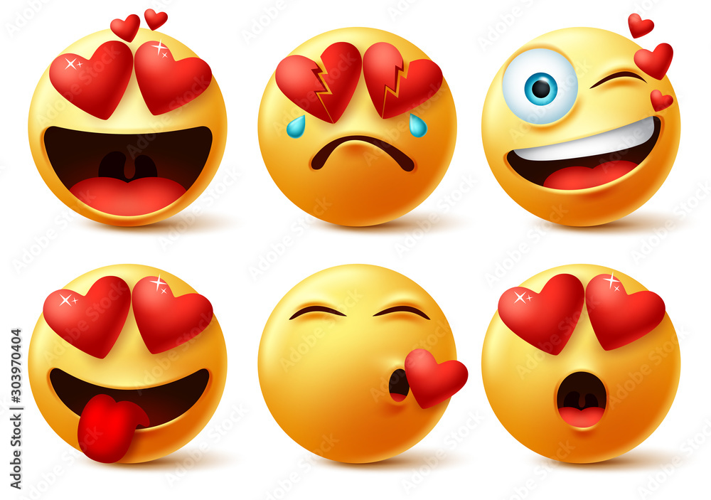 Emoticon and emoji with heart vector faces set. Emoticons of red ...